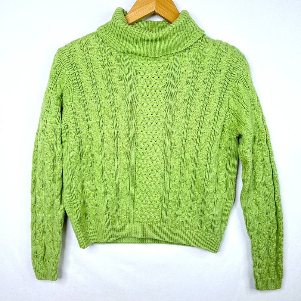 Vintage Wainscott Petites Green Cable Knit Turtleneck Sweater Small